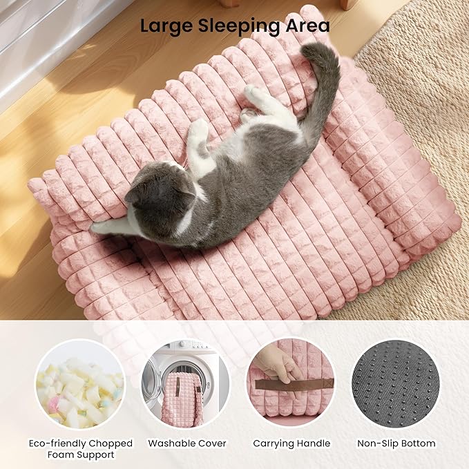 Cute Small Dog Couch Bed – Supportive & Fluffy Pet Sofa with Faux Rabbit Fur Washable Cover in 3D Diamond Pattern, 30" Pink