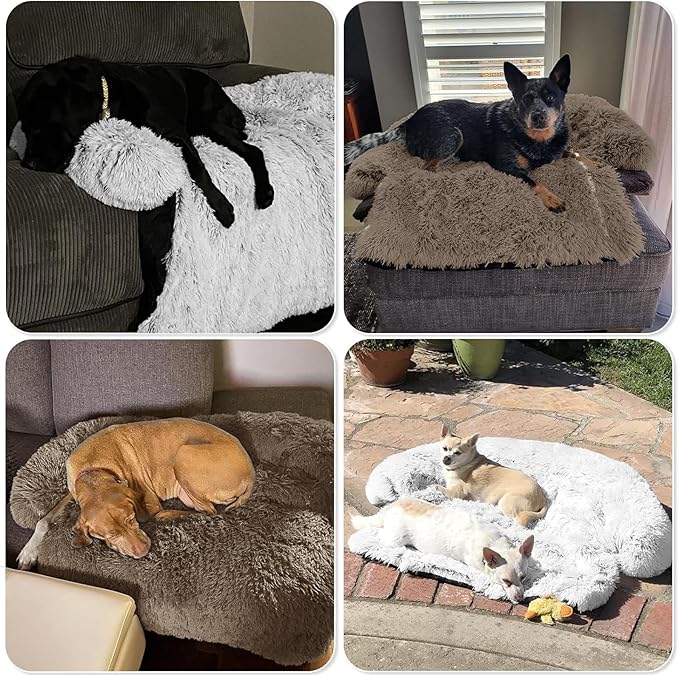 Calming Dog Bed Fluffy Plush Dog Mat for Furniture Protector with Removable Washable Cover for Large Medium Small Dogs and Cats (Large(45x37x6), Camel)