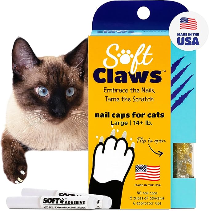 Soft Claws Nail Caps for Cats Made in USA - 40 Cat Claw Caps for 4-6 Weeks of Protection - Long-Lasting Cat Scratch Deterrent for Furniture - Holiday (Silver & Gold Sparkle), Large