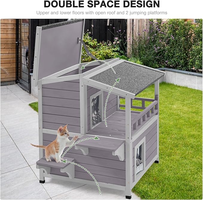 Outdoor Cat House with Large Balcony, Two-Story Cat Shelter with Waterproof Roof and Stairs, Wooden Feral Cat Home with Escape Door