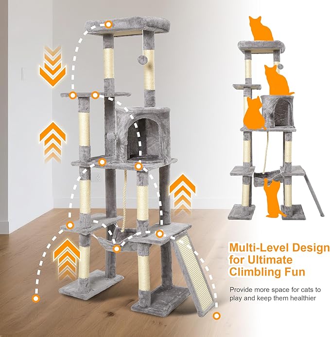 Large Cat Tree,65-inch Tall Multi-Level Cat Tower with Sisal-Covered Scratching Posts, Condo, Hammock, Dangling Ball,Light Grey