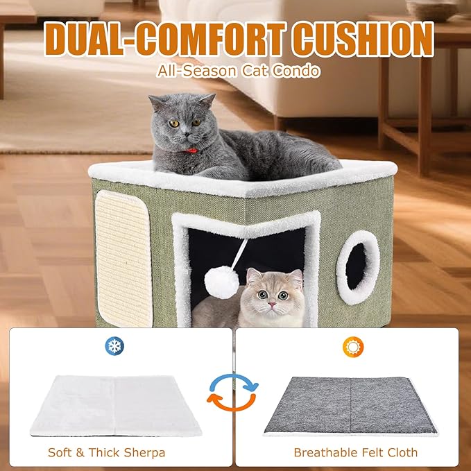 Cat Beds for Indoor Cats - Foldable Cat Hideaway with Hanging Fluffy Ball and Scratch Pad, Large Cat Bed Cave with Reversible Cushion for Multi Small Pet Kitten, Green