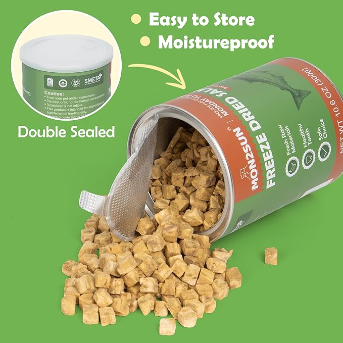 MON2SUN Freeze Dried Salmon Cat and Dog Treats, Single Ingredient Natural and Healthy Dog Snacks, High Protein Training Treats & Food Topper, 10.6oz