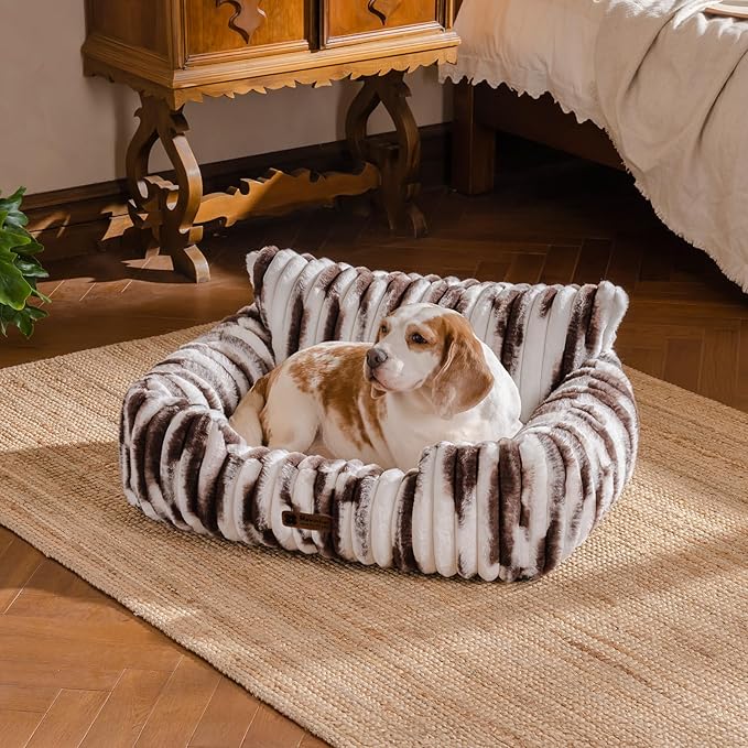 MEWOOFUN Cat Beds for Indoor Cats, Fluffy Cat Couch with Removable Washable Cover, Supportive Small Dog Beds for Puppy & Kitten up to 15 lbs (Brown Gradient, 24x19x12)