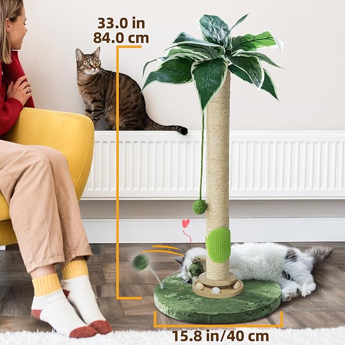 Fantasreen Cat Scratching Post 33'' Cat Scratcher Tall Scratching Posts for Indoor Cats with Cat Toy and Interactive Ball Self Groomer for Kittens Adults Cats