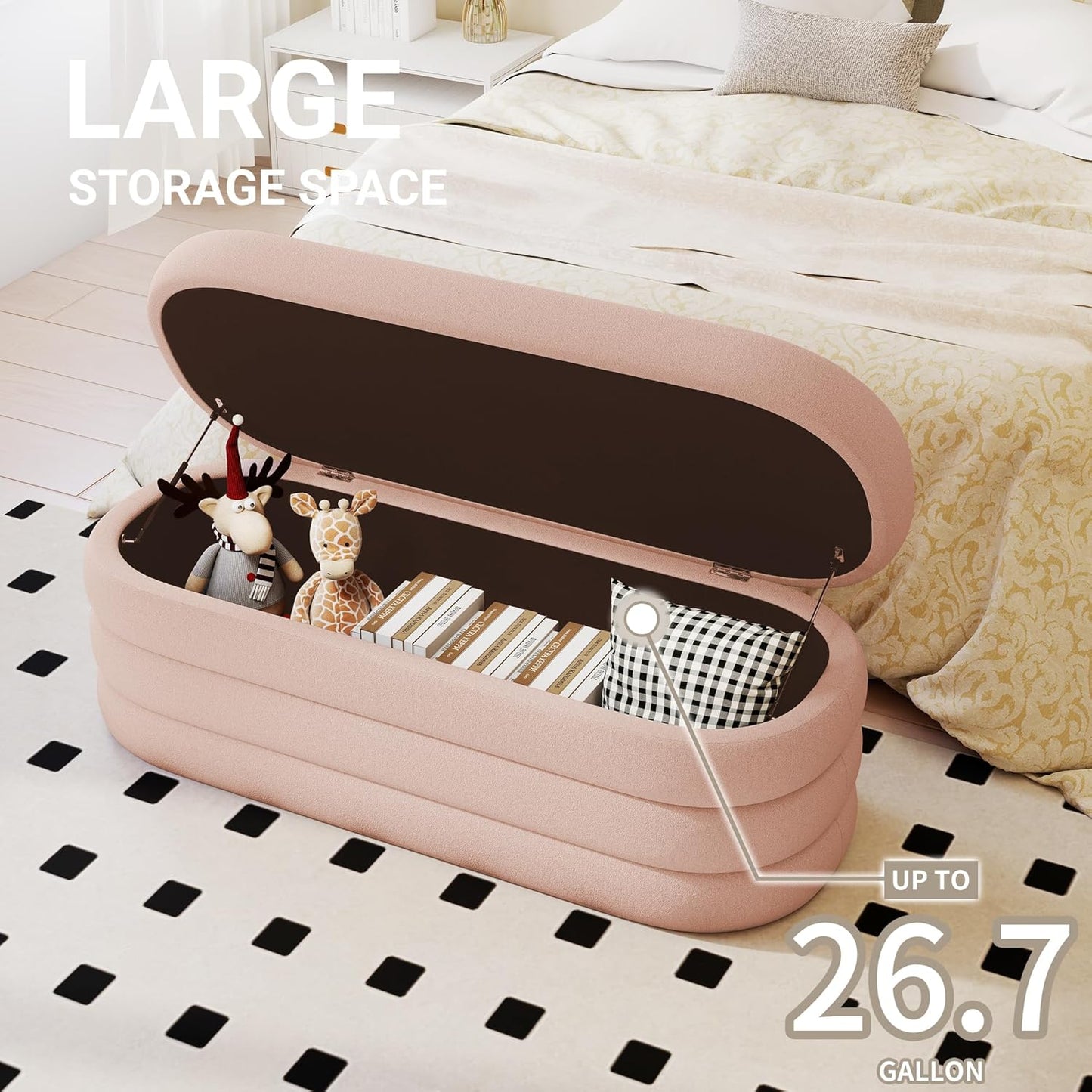 Storage Ottoman Bench 49.2 Inch Upholstered Fabric Storage Bench for Bedroom End of Bed Aesthetic Large Oval Ottoman for Living Room Entryway (Pink)