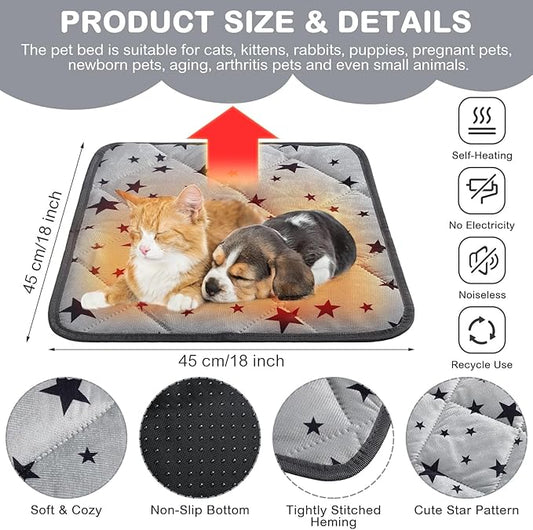 Namalu 4 Pack Self Warming Cat Bed Self Heating Cat Mat Star Pattern Soft Dog Crate Pad Thermal Pet Mat Anti Slip Kennel Washable Dog Warming Bed for Outdoor Indoor(18 x 18 Inch,Square)