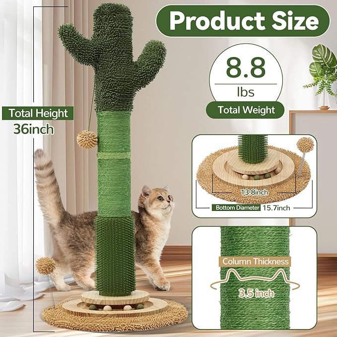 OTOB 36" Tall Cat Cactus Scratching Post, Natural Sisal Rope Cat Scratcher Post, Vertical 6-in-1 Interactive Turntable Cat Scratch Post with Soft Ball Toys, Protect Your Furniture (Green/Brown)
