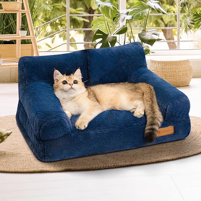 Cat Couch Bed - Cat Bed for Indoor Cats, Calming Pet Sofa Puppy Sleeping Bed with Removable Washable Cover, Cute Dog Couch and Kitty Lounge Chair for 20lbs Cats & Small Dogs(Navy Blue)