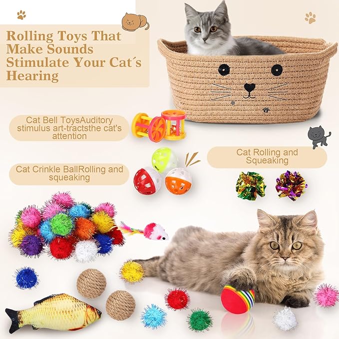 Zopeal 58 Pcs Cat Storage Basket Gift Toys Set, Colorful Flashing Balls Pet Bell Crinkle Balls Spring Toys Attract Cat to Swat, Bite, Hunt, Interactive for Pet(Khaki,9.8 Inch)