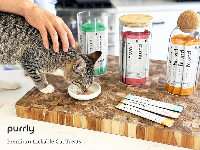 Purrly Interactive Lickable Cat Treats Low Calorie Human-Grade Chicken Breast & Turkey with L-Lysine & Astaxanthin for Immunity (30 Count) Non-Seafood Hydrating BPA-Free for All Ages