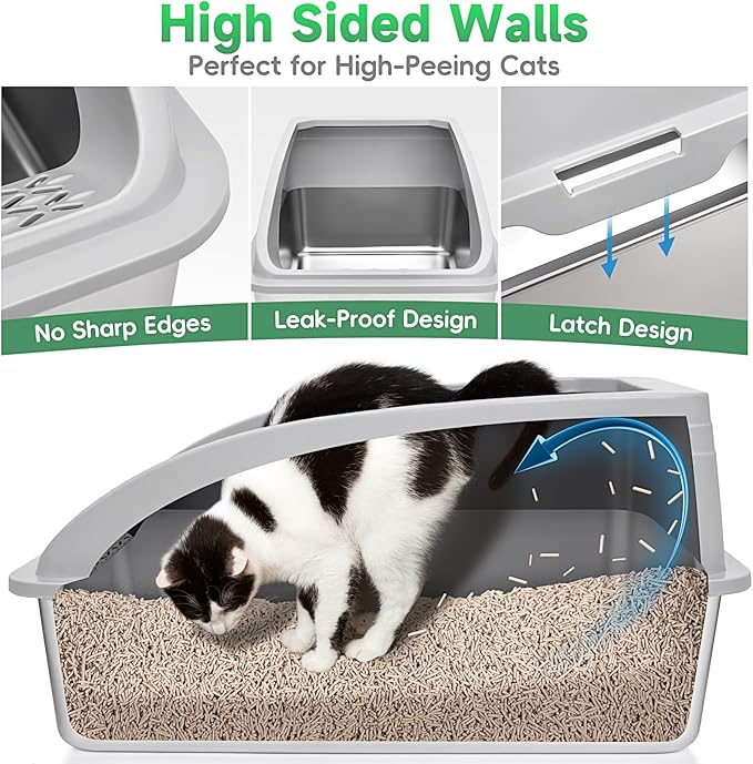 2 Pack Stainless Steel Cat Litter Box with Lid, XL Extra Large for Big Cats, 24" L x 16" W x 12" H, Metal Litter Box High Sided, Easy Cleaning, Include Scoop (Dark Gray & Light Gray)