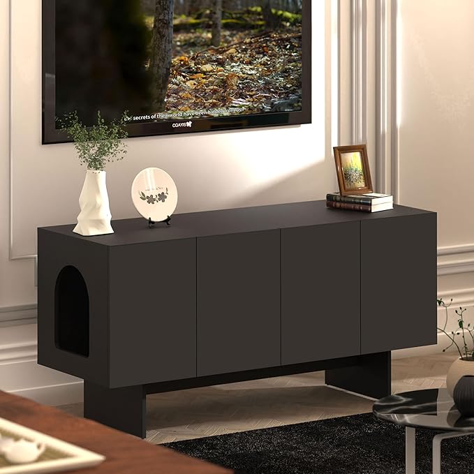 Double Litter Box Enclosure, Litter Box Enclosure for 2 Litter Boxes, Modern Litter Box Furniture for 2 Cats, Scandi Style (Black)