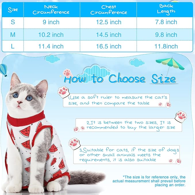 Nuanchu 3 Pieces Cat Recovery Suit Kitten Recovery Suit E-Collar Alternative for Cats and Dogs Abdominal Skin Anti Licking Pajama Clothes Sets(Watermelon Pattern,Medium)