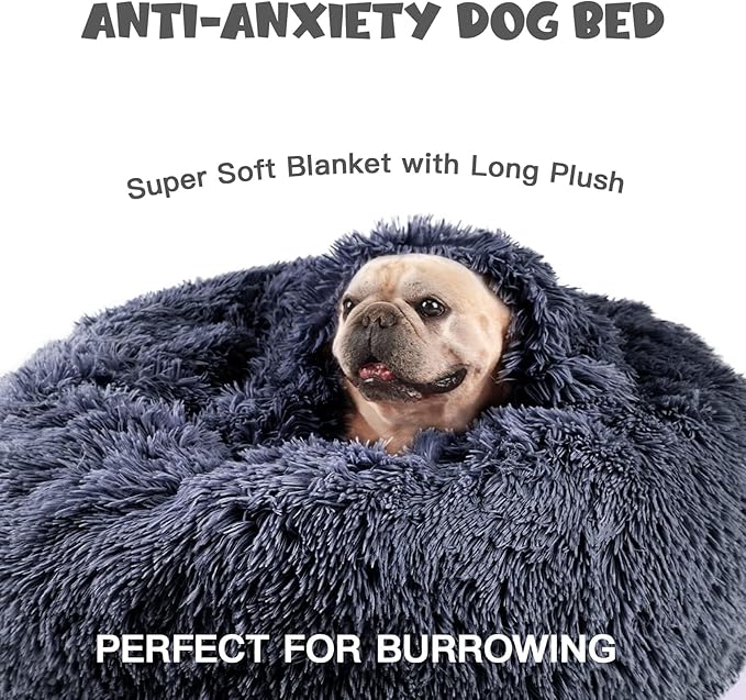 Himax Medium Dog Bed, Round Dog Bed with Blanket Attached, Comfort Fluffy Calming Dogs Beds Washable (20"/26"/35") Deep Grey