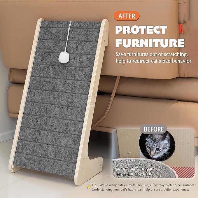 PETKARAY Felt Cat Scratcher, L Shaped Scratching Pad, Scratch Resistant Carpet Scratcher Ramp, Slot-Free Scratch Board with Toy Ball, Dark Grey