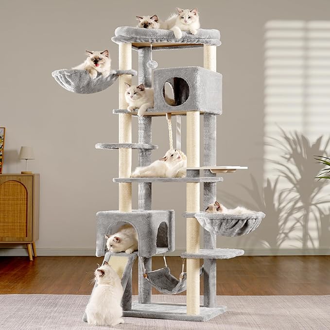 Hey-brother Cat Tree, 70.8 Inches Multi-Level Cat Tree Tower for Large Cats, Heavy Duty Cat Tower with Cat Condo,Baskets, Cat Scratching Posts, Big Hammock and Food Bowls, Light Gray MPJ036W