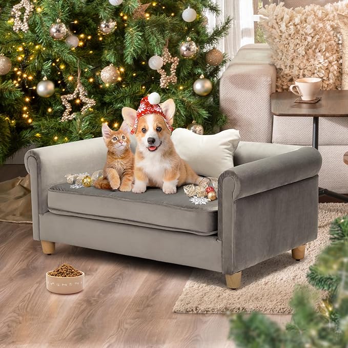 dCee Dog Sofa Bed for Medium Dogs of 70 Lbs, 33 in. Soft Velvety Dog Couch for Comfort Sleep and Joint Support, Dark Grey