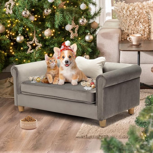 dCee Dog Sofa Bed for Medium Dogs of 70 Lbs, 33 in. Soft Velvety Dog Couch for Comfort Sleep and Joint Support, Dark Grey