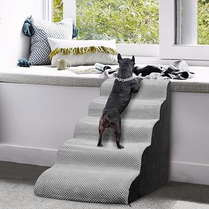Dog Steps for Bed 24.4" High, Curved 5-Step Dog Stairs for Small Medium Dogs, PetDog Steps for Beds/Couch 22-26 in, Non-Slip Dogs Ramp with 35D High-Density Foam, Grey
