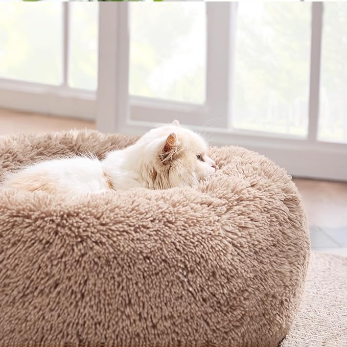 Bedsure Calming Cat Beds for Indoor Cats - Small Cat Bed Washable 20 inches, Anti-Slip Round Fluffy Plush Faux Fur Pet Bed, Fits up to 15 lbs Pets, Camel