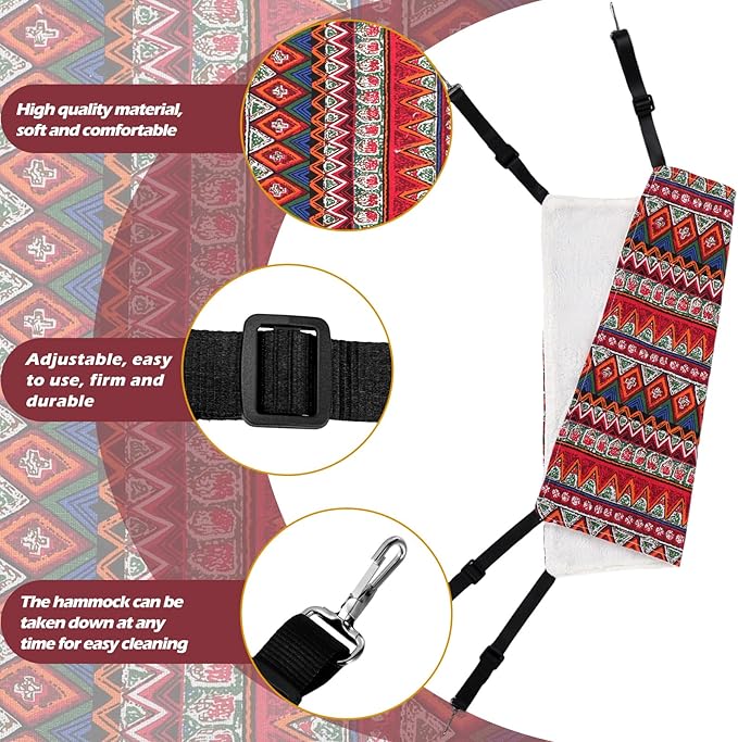 2 Pieces Reversible Cat Hanging Hammock Soft Breathable Pet Cage Hammock with Adjustable Straps and Metal Hooks Double Sided Hanging Bed for Small Dogs Rabbits(Ethnic Pattern,M)