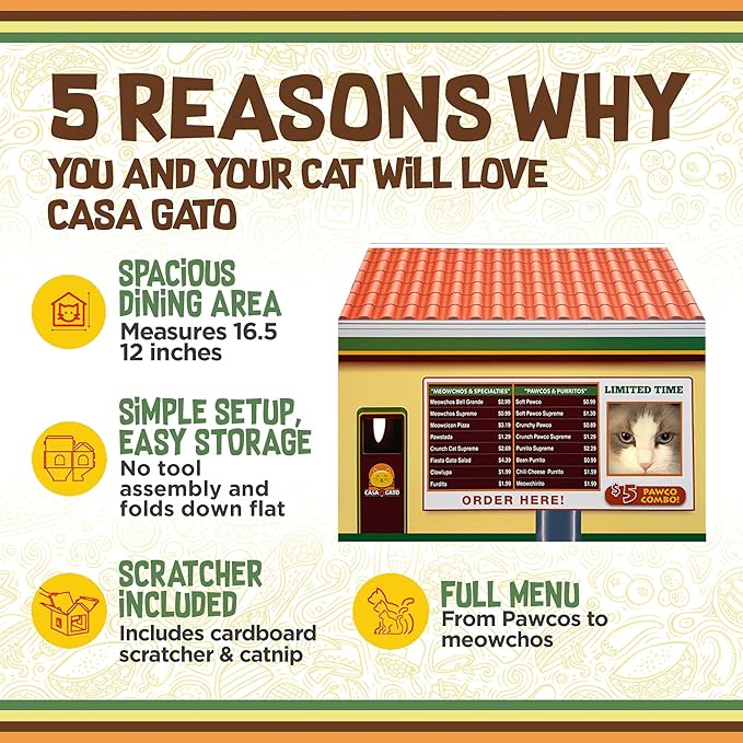 Capnip Cardboard Cat House with Scratcher for Indoor Cats – Mexican Fast Food Theme with Peek Holes, Casa Gato Design