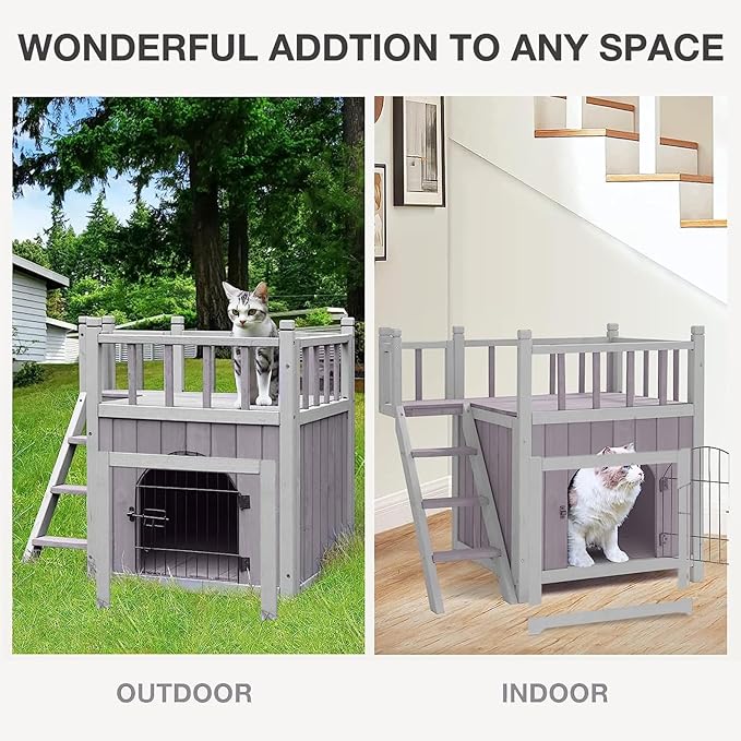 Cat House Outdoor or Indoor, Wooden Feral Cat Shelter with Large Balcony and Stairs, Kitty House with Lockable Wire Door