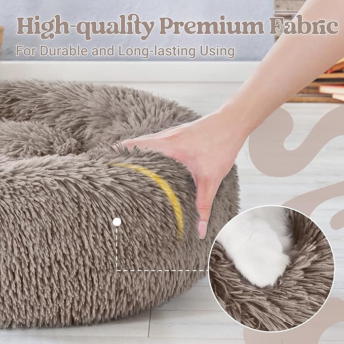 rabbitgoo Cat Beds for Indoor, 20 inches Machine Washable, Fluffy Round Pet Bed Non-Slip, Calming Soft Plush Donut Cuddler Cushion Self Warming for Small Dogs Kittens, Khaki, Medium