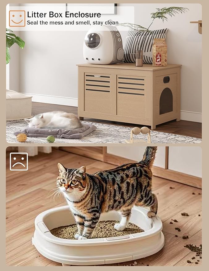 DINZI LVJ Litter Box Enclosure, Flip Top Litter Box Furniture, Hidden Cat Washroom, Wooden Cat House, End Table, 31.5" L x 19.7" W x 19.7" H, Good Ventilation, Easy to Assemble, Natural