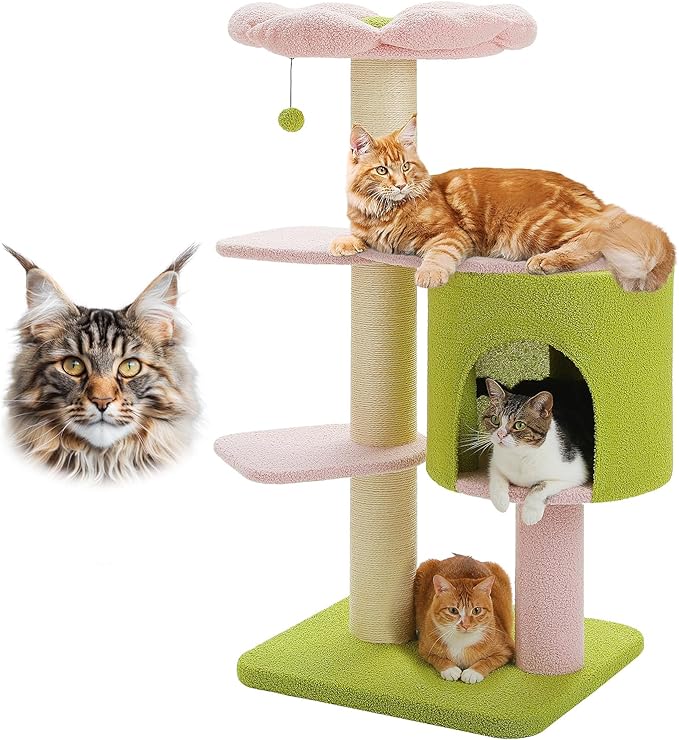 50" Pink Flower Cat Tree for Large Heavy Cats, Maine Coon Cat Tower with Extra Thick Scratching Posts (φ4.3in), Spacious Cat Condo for Big Cats 20 lbs, Soft Top Bed-Green