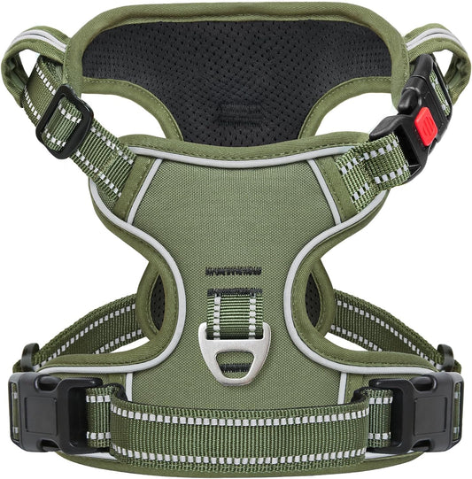 Timos Dog Harness Large Sized, No Pull Pet Harness with Neck Lockable Snap,No Choke Front Clip Dog Reflective Vest,Adjustable Metal Rings 3 Buckles,Easy Control Handle for Large Dogs Green L