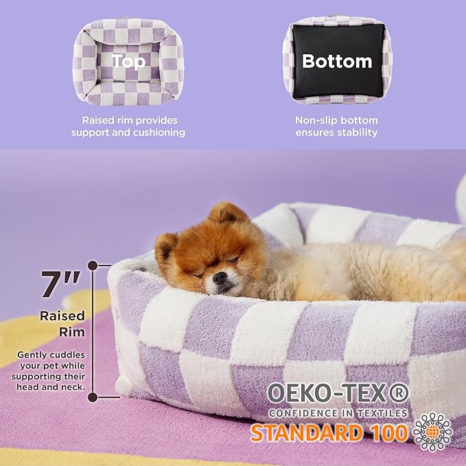 Lesure Cute Dog Bed for Small Dogs - Washable Puppy Beds,Cozy Rectangle Orthopedic Pet Sofa with Jacquard Shaggy Plush & Anti Slip Bottom,25x21x7inches