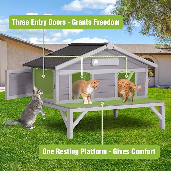 GUTINNEEN Outdoor Cat House Weatherproof with 3 Entry Doors, Elevated Base & PVC Curtain, Indoor/Outdoor Kitty Shelter for Small-Medium Pets