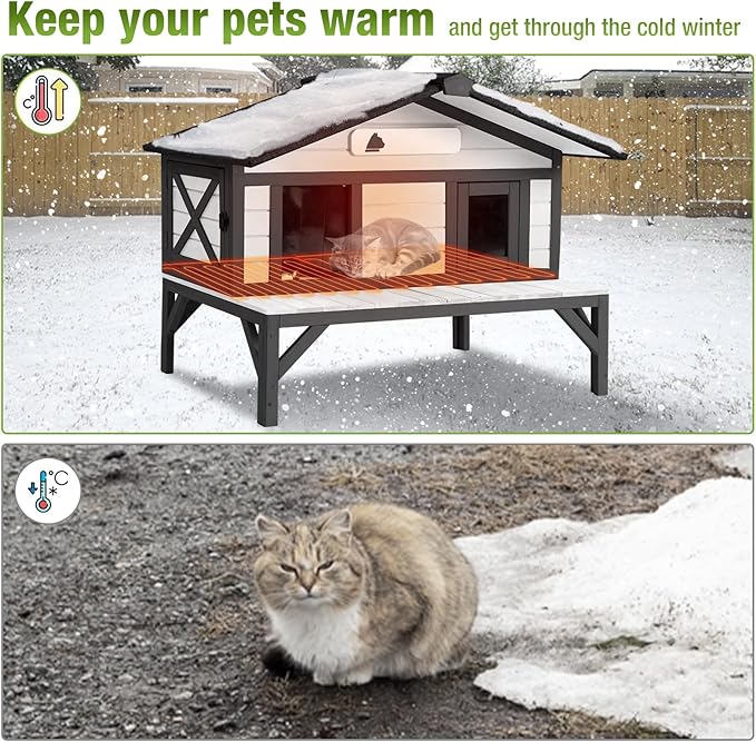 GUTINNEEN Heated Outdoor Cat House Weatherproof Large Cat Shelter with 100% Insulated Liner for Multiple Cats, Cat Houses for Indoor Cats（Black）