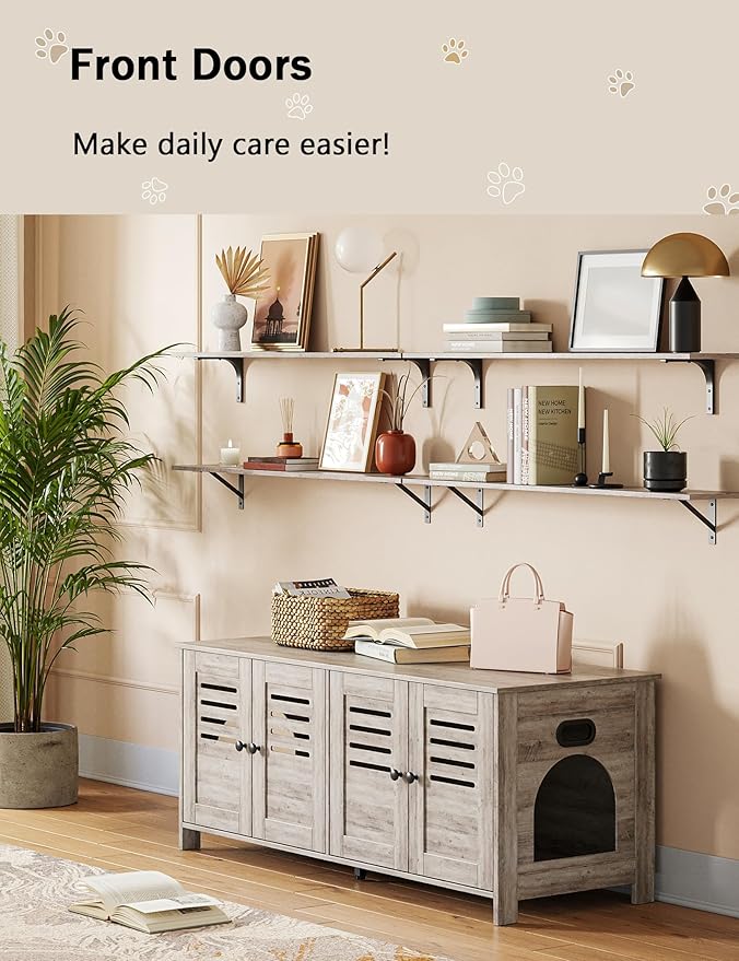 DINZI LVJ Litter Box Enclosure for 2 Cats, Hidden Litter Box Furniture with Double Rooms, Dual Cat Litter House, Front Doors, 47.2" Wooden Hidden Cat Washroom, Side End Table, TV Stand, Greige