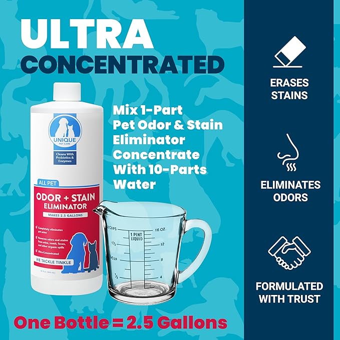 Unique Pet Odor and Stain Eliminator Liquid Concentrate - Makes Over 2.5 Gallons - Eliminates Pet Odors and Stains (32 oz)
