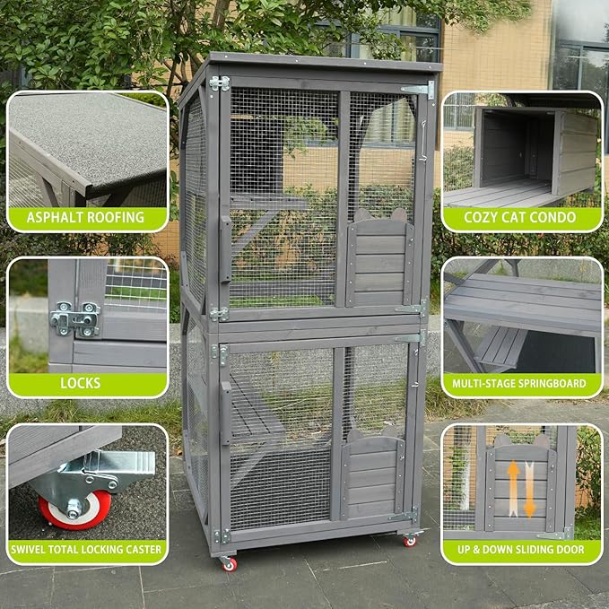 Cat House Wooden Cat Cage with Asphalt Roof, Outdoor Cat House, Wooden Cat House with Lounge Box, Large Kitten Apartment Cage Enclosure