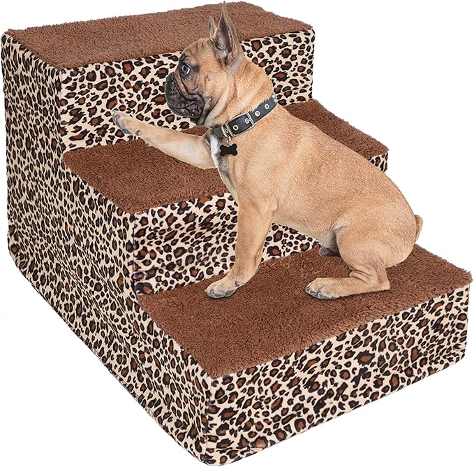 yofit Doggy Steps - Non-Slip 3 Steps Pet Stairs for Cats and Dogs, Foldable Plastic with Washable Carpet Holds Up to 50 lbs (Leopard)