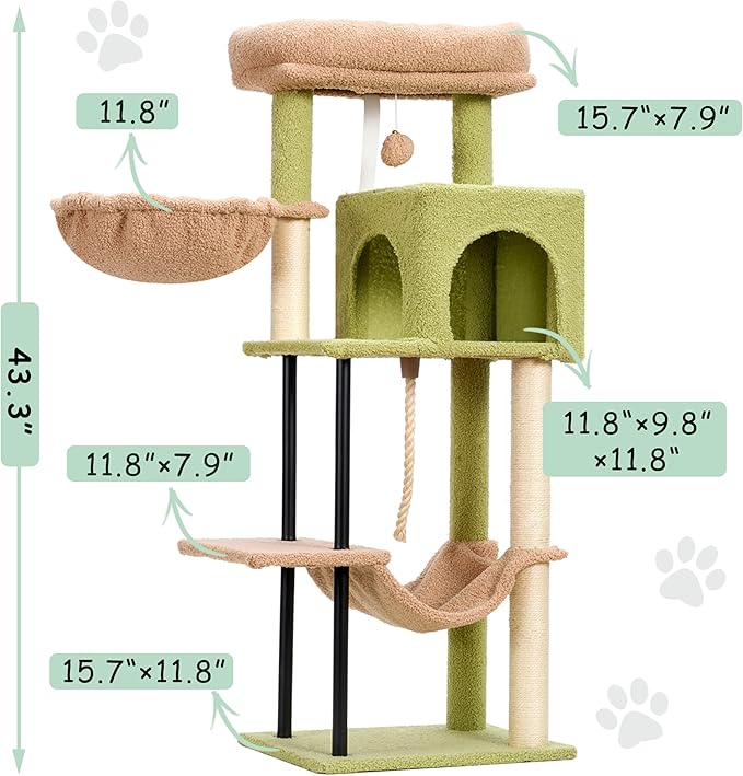 Cat Tree, Cat Tower for Indoor Cats, 43.3 inch Cactus Cat Tree Tower with Sturdy Steel Tube, Hammock, Cat Condo for Small Cats and Kittens, Scratching Post, GCT004SGY