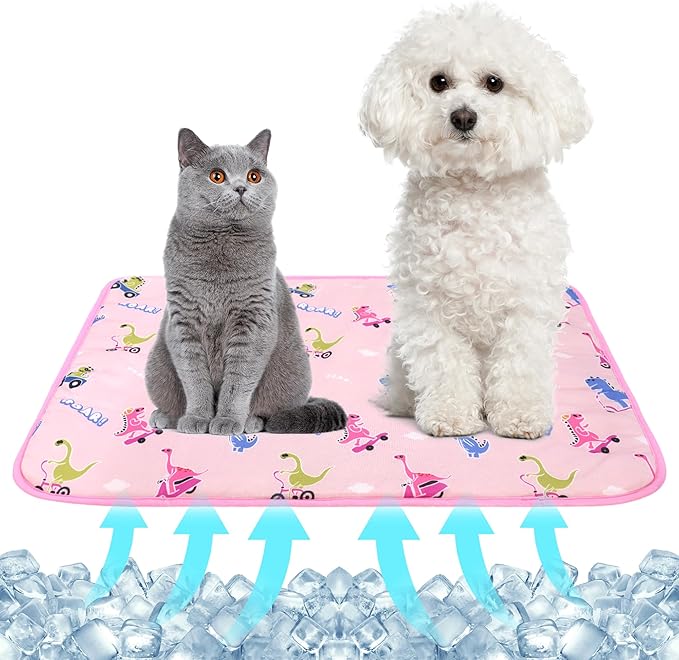 NACOCO Summer Pet Cooling Mat - Cat Dog Cushion Pad Sleeping Cool Dinosaurs Comfortable Soft for Pets Kids and Adults(Pink Dinosaur, M)