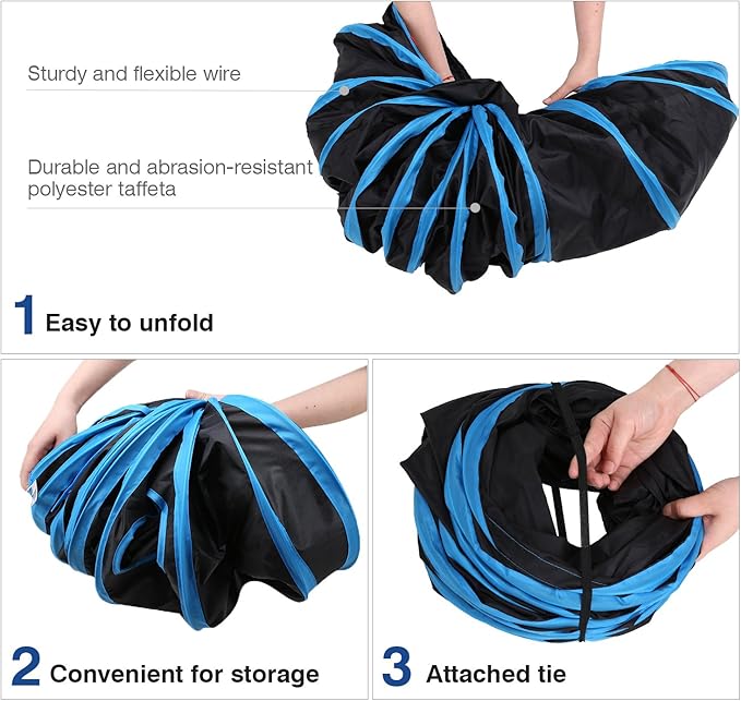 PAWABOO Cat Tunnel, Premium 4 Way Tunnels Extensible Collapsible Cat Play Tunnel Toy Maze Interactive Tube Toy Cat House with Pompon and Bells for Cat Puppy Kitten Rabbit, Black & Light Blue