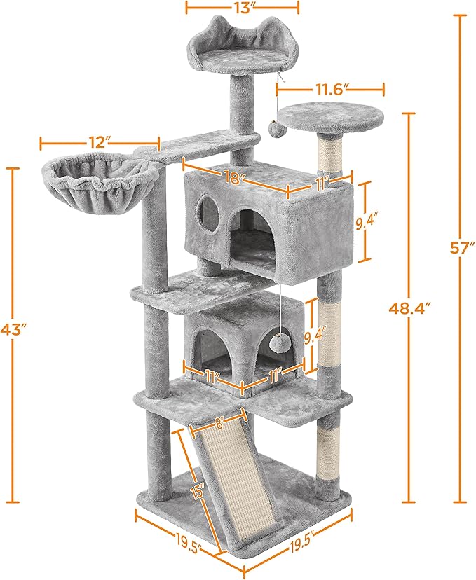 Topeakmart Cat Tree, 57 inches Multi-Level Cat Tree Tower with Scratching Posts, Cat Condo and Basket Kitten Activity Center, Light Gray