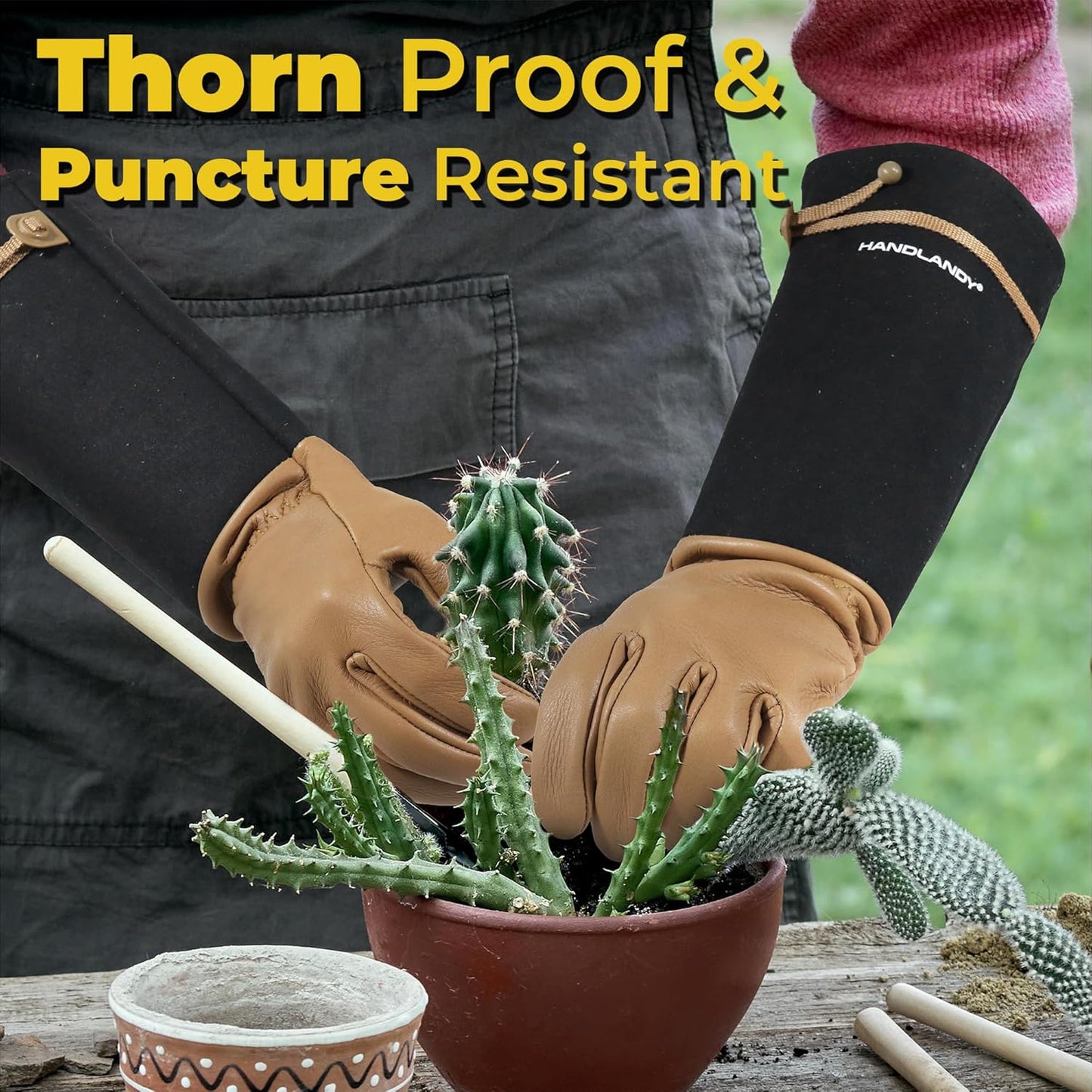 HANDLANDY Long Gardening Gloves for Men & Women, Cowhide Leather Rose Pruning Gloves, Breathable Thorn Proof Gauntlet Glove (Brown-Cowhide, L)