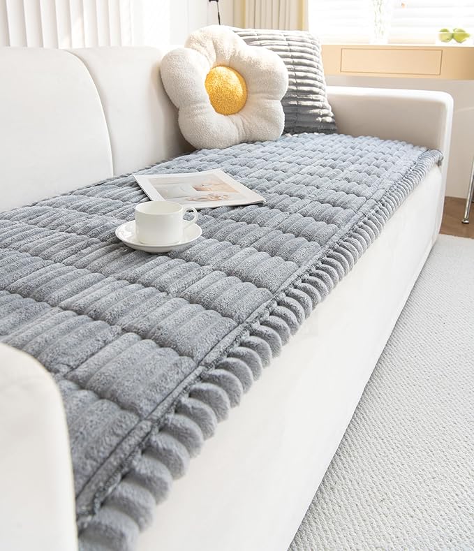 Faux Fur Plush Dog Couch Cover 3D Stripe Fuzzy Sofa Cover Non-Slip Fluffy Dog Bed Cover Pet Blanket Sofa Couch Furniture Protector for Puppy Large Dog Cat (Light Grey,31"x94")