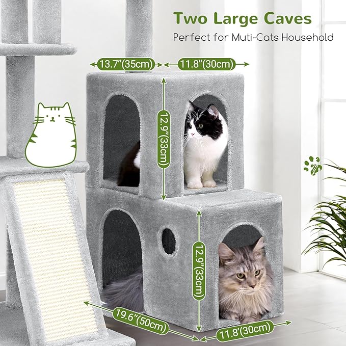 Globlazer F50 Cat Tower for Indoor Cats, 50-inch Heavy Duty Cat Tree for Big Cats, Cat Tree House with Extra-Large Padded Platform, Sisal Scratching Board, 2 Large Condos, Cloud Grey