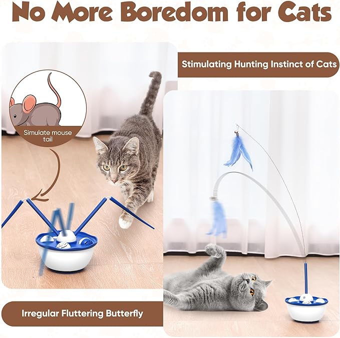 Automatic Cat Toys,7in1 Detachable Interactive Cat Toy, USB Rechargeable Cat Toys for Indoor Cats with Feather Butterfly Ribbon Cat Wand Catnip Ball for Cats Enrichment (Blue)