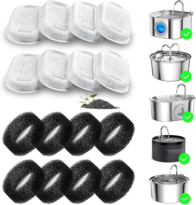 Cat Water Fountain Filter for Stainless Steel 108oz/3.2L& 67oz/2L Automatic Pet Water Dispenser Fountian Replacement Filter with Sponges