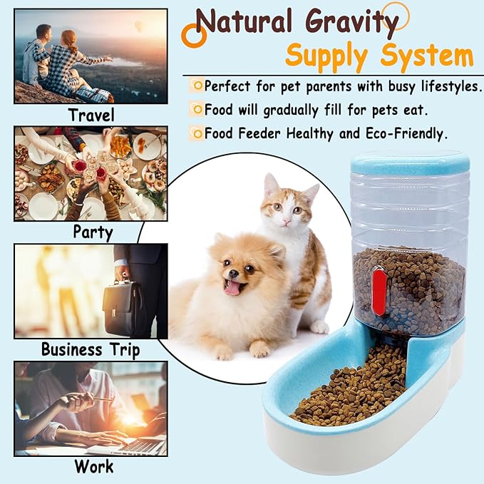 kathson Automatic Cat Feeder 1 Gallon Gravity Dog Food Dispenser Large Capacity Self Feeding Pet Food Bowl for Puppy Kitten Rabbit Blue