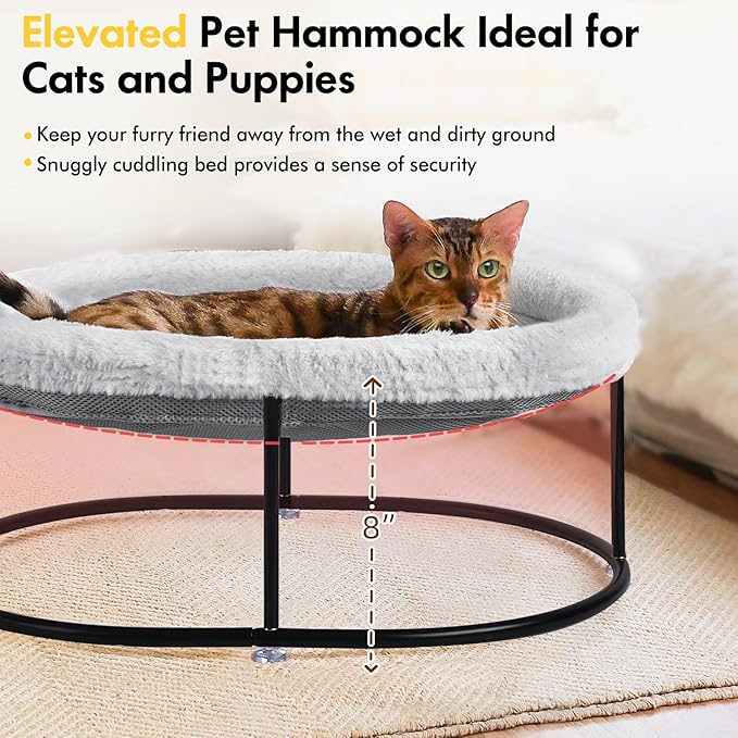 Elevated Cat Hammock Bed, Fluffy Warm Cuddle Bed with Detachable Pad, Raised Cuddler for Kittens, Small Dogs, Oval Grey